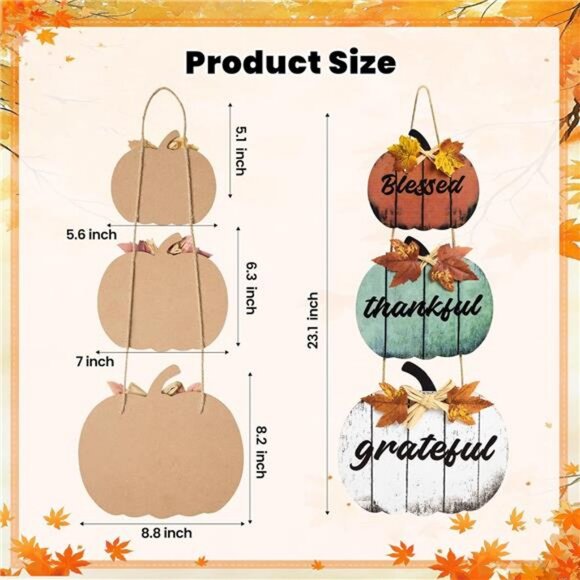 Thanksgiving Fall Decorations for Home, Wooden Hanging Pumpkin Fall Front Door - Picture 3 of 8